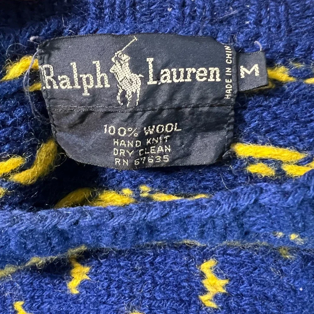 Vintage Ralph Lauren Sweater Mens S‎ Blue Wool Hand Knit Reindeer Fair Isle